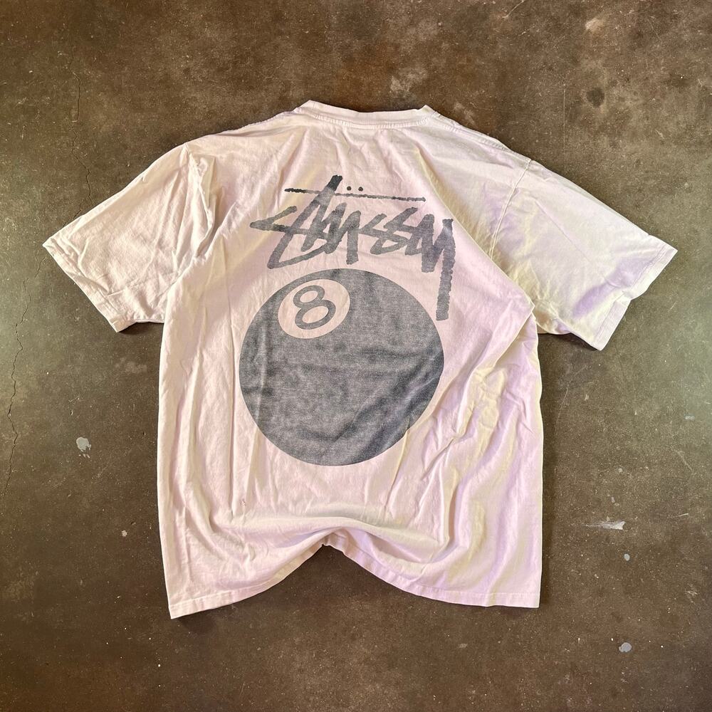 Men’s designer stussy 8-ball big logo faded lightly distressed t-shirt size L